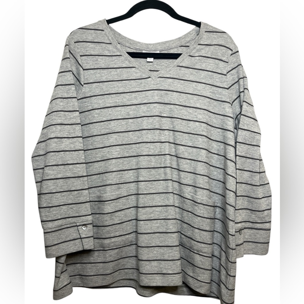 J. Jill V-Neck Ribbed Knit Striped Tunic Tee Size XL Petite Gray